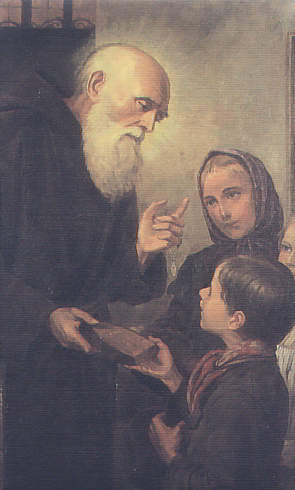 Der hl. Bruder Konrad verteilt Brot an Kinder