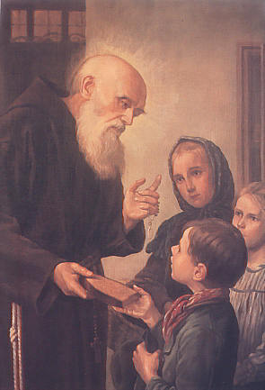 Bruder Konrad verteilt Brot an die Kinder